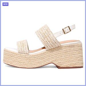 Platform Wedge Sandals with Ankle Strap, Raffia Woven Design